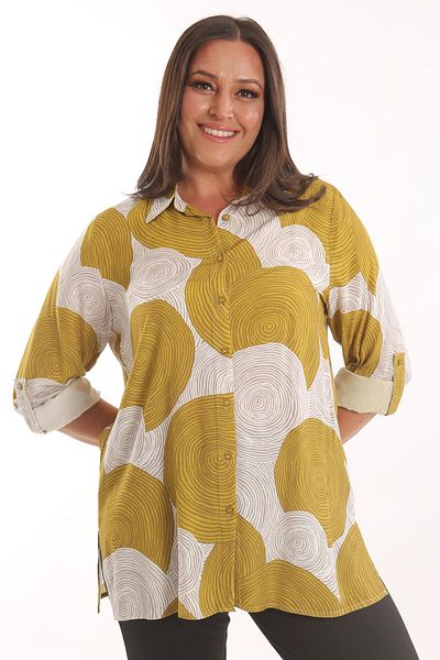 Metpoint Πουκάμισο Trend42plus Plus Size Mustard με στρογγυλό σχέδιο βισκόζης