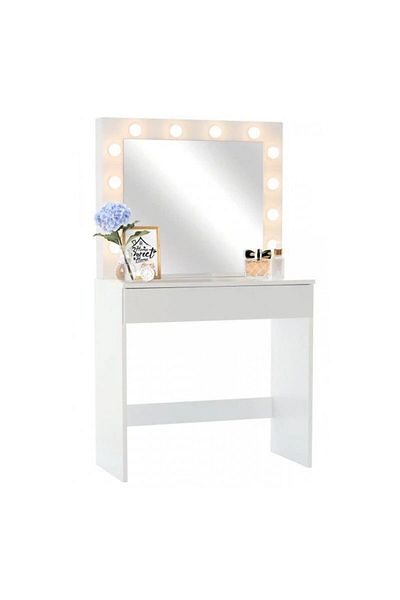 PROCART Dressing table, illuminated mirror with 12 warm white LEDs, 80x40x140 cm, MDF, white