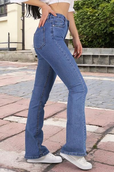 byhaziran butik Judi Women's Medium Blue High Waist Stretchy Denim Fabric Flare Jeans