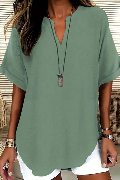 Mossta Short Sleeve V Neck Relaxed Fit Aerobin Blouse - Green