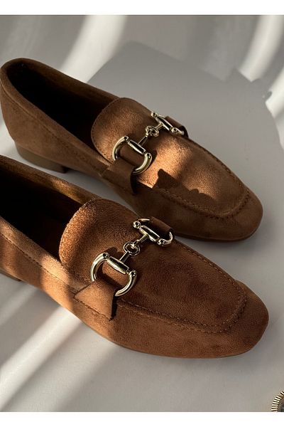 Cappmoda Ayk-1018 Tan Gold Buckle Suede Ballerinas