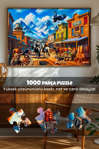 Meleni Toys 3 Adet 1000 Parça Puzzle - Kamp Ateşi, Aslan Kral Kedi ve Vahşi Batı Kasabası Yapboz 68x48 cm