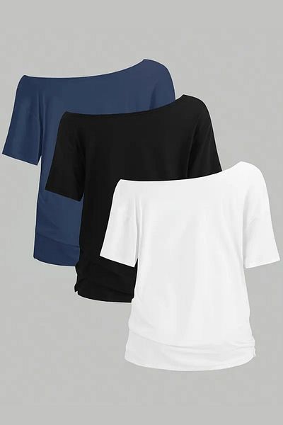 COOL TARZ Albastru bleumarin, alb, negru, pachet de 3 tricouri supradimensionate pentru femei, cu decolteu barcă, cu umeri