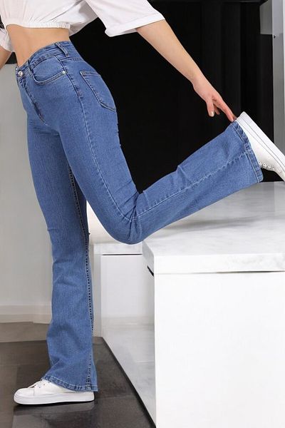 byhaziran butik Ines Medium Blue Non-Fading Lycra High Waist Denim Spanish Leg Jeans
