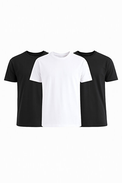 Erkek 3’lü Basic T-Shirt Seti – 2 Siyah + 1 Beyaz %100 Pamuk Suprem Kumaş Kısa Kollu