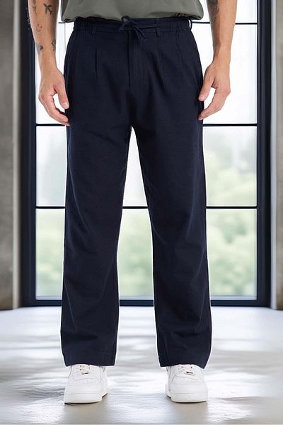 Valiberta Bergman Linen Look Cotton Flared Comfortable Fit Pleated Men's Trousers - Navy Blue