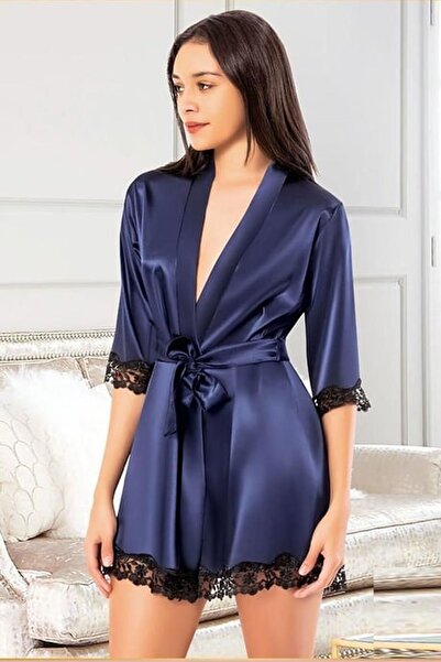 Xses 2118 Жіночий сатиновий халат синього кольору