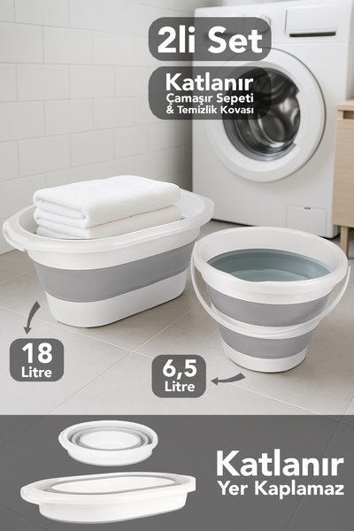 Meleni Home 2'li Katlanır Banyo Seti - Katlanabilir Silikon 18 Lt Çamaşır Sep...