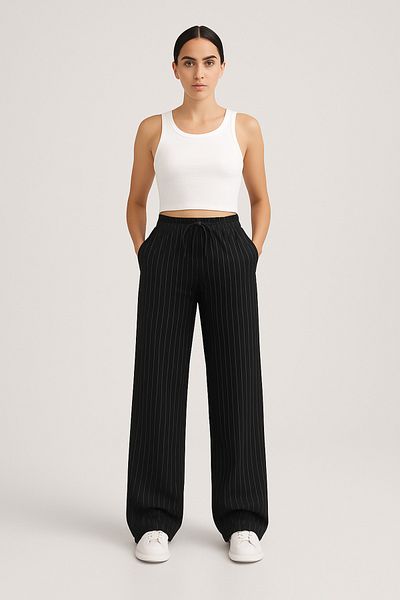 FV Linen Striped Women's Wide Leg Trousers with Pockets