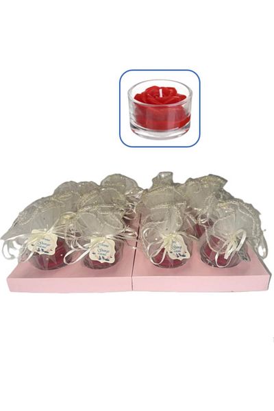 OEM Set 12 wedding favors - Rose candle in glass holder + ivory tulle + personalized tag