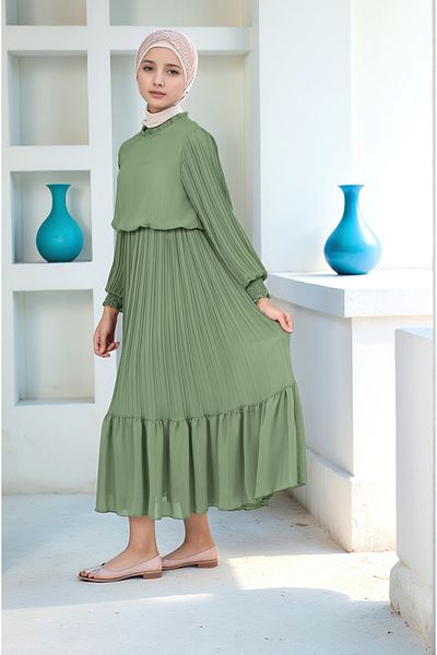 Asortik Kids Girls' Long Length Lined Pleated Cotton Chiffon Hijab Dress