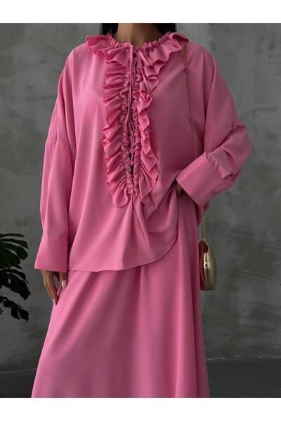solena sln Women's Ruffled Shirt and Skirt Two-Piece Set Suitable for Hijab - Fuchsia