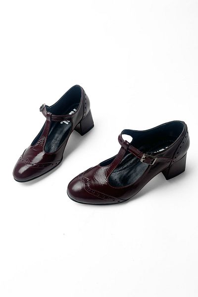 RABU Burgundy Patent Leather Women's Genuine Leather T-Band 5 cm Heeled Mary Jane Heeled Shoes