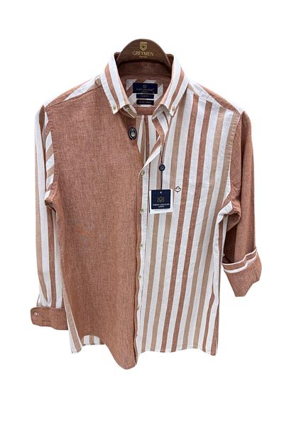GÖMLEK GALERİSİ Men's Slim Fit Cut Linen Striped Long Sleeve Shirt
