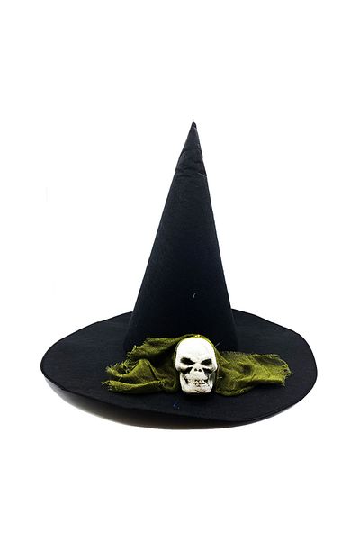 CONAHOME Black Color Green Veiled Skull Themed Witch Hat 35x38 cm