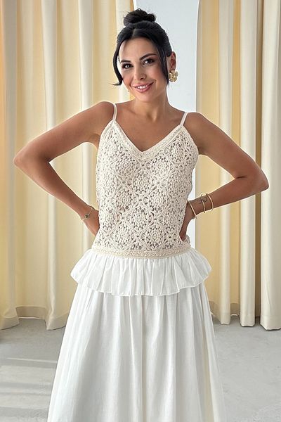 Seda Yalçın Atelier Ecru Lace Garnished Linen Dress