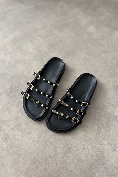 SHOEBELLAS Papuci de damă Eyte Black Skin Gold Staple Detaliati