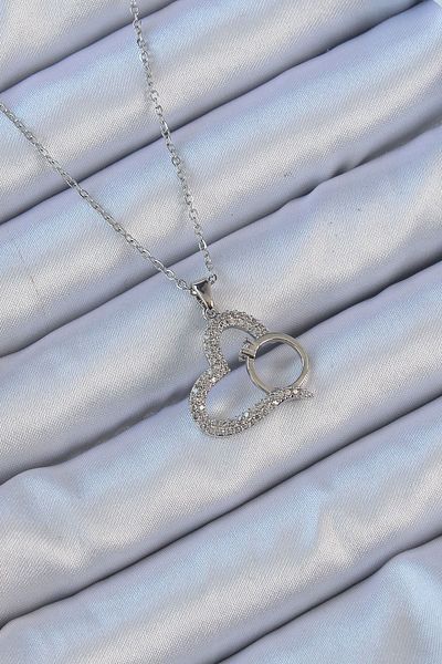 CONAHOME 316L Steel Chain Silver Color Heart Necklace with Zircon Stone Ring - Tj-Bko9146