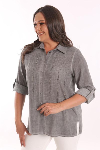 Metpoint Πουκάμισο Trend42plus Plus Size Anthracite Stone με στάμπα μπατίκ που πλένεται