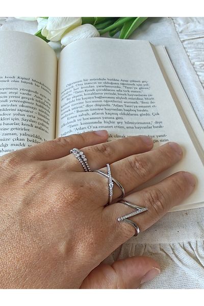 İLKYAZ Accessories Minimum Zircon Stone Steel Ring Set of 3