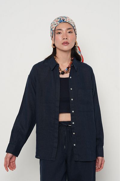 Orfeo Negro Women's Lacquered Color Single Pocket 100% Linen Shirt