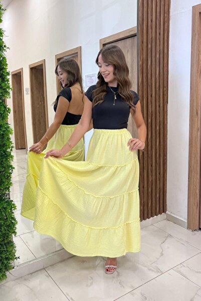 By Saygı Women's Elastic Waist Layered Muslin Long Skirt