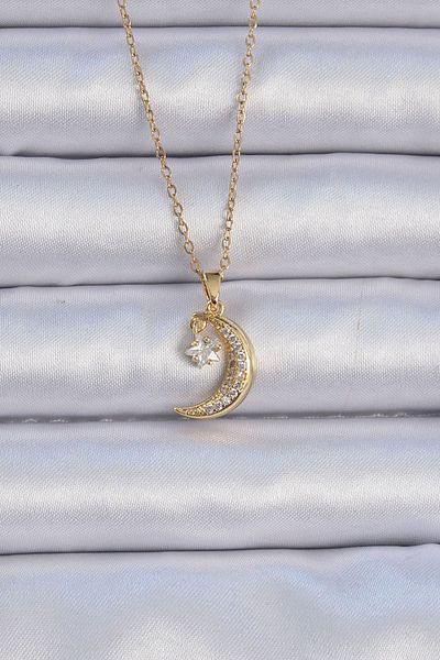CONAHOME 316L Steel Chain Gold Color Zircon Stone Dangle Moon Star Necklace - Tj-Bko9061