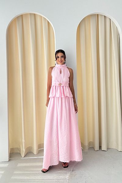 Seda Yalçın Atelier Pink Halter Neckline Ponce Blouse Skirt Suit