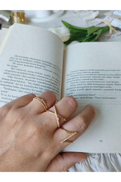 İLKYAZ Accessories Minimum Zircon Stone Steel Ring Set of 3