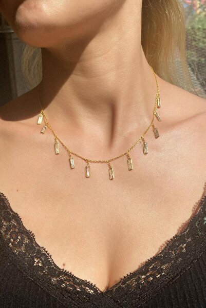 Spossy Silver Jewelry Baget Dikdörtgen Taşlı Sallantılı Kolye