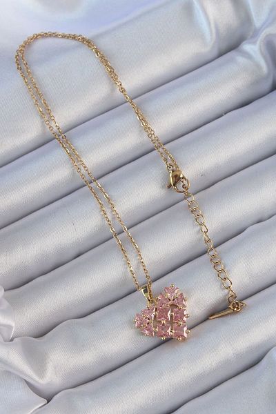 CONAHOME 316L Steel Chain Gold Color Pink Segmented Zircon Stone Heart Necklace - Tj-Bko9163