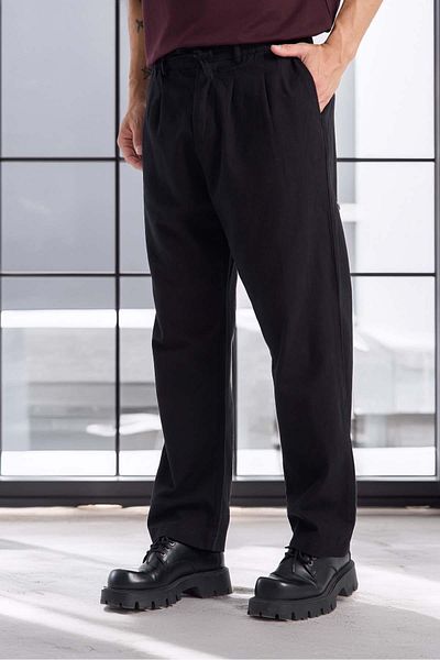 Valiberta Bergman Linen Look Cotton Flared Comfortable Fit Pleated Men's Trousers - Black