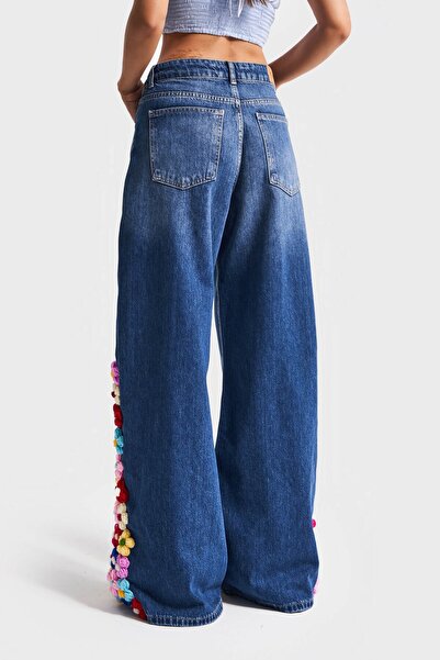its basic Women's Blue Color 2W5-5 Palazzo Fit Colorful Floral Knitted Embroidered Special Design Denim Jean