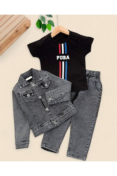 Ege Bebek Boys' Seasonal Flexible Fabric 3-Piece Jogger Set |   T-Shirt, Denim Jacket and Pants 2-9 Years R1991