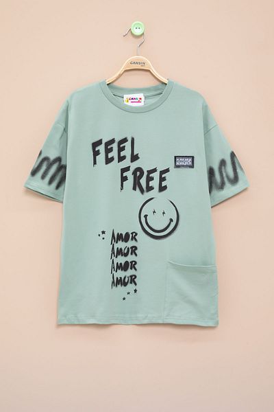 Cansın Mini Tricou pentru băiat cu decolteu cu imprimeu text verde 20905