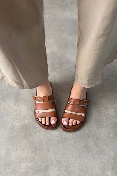 SHOEBELLAS Zena Tan Cage Detailed Women's Sandals