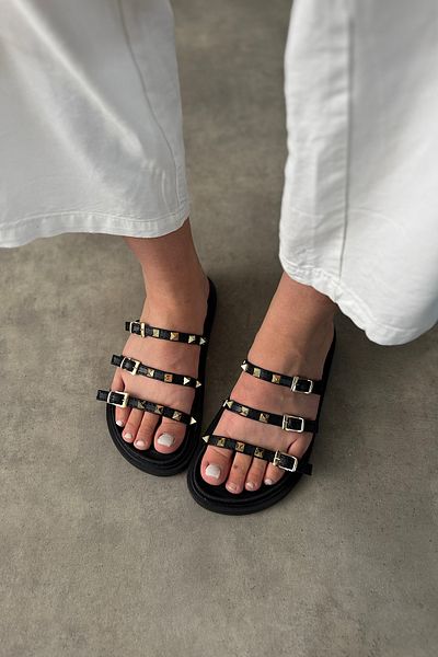 SHOEBELLAS Papuci de damă Eyte Black Skin Gold Staple Detaliati