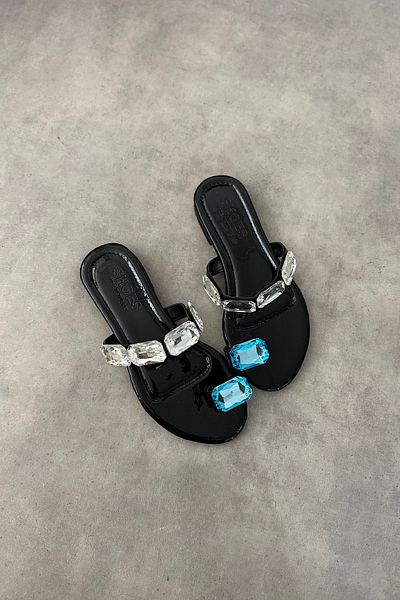 SHOEBELLAS Papuci de damă Xena Black Single Blue Stone