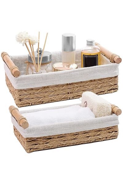 Cozy Nest عبوتان من سلال التخزين المنسوجة المصنوعة من القماش المستطيل مع بطانة قابلة للغسل وحبل ورقي بتصميم منسوج