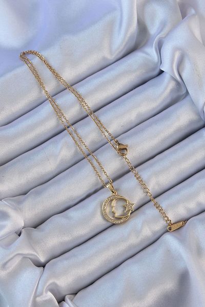 CONAHOME 316L Steel Chain Gold Color Zircon Stone with Crescent and Star Icon Ataturk Necklace - Tj-Bko9117