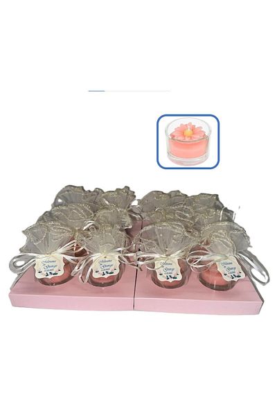 OEM Set 12 Wedding Favors - Pink Daisy Candle in Glass Holder + Ivory Tulle + Personalized Tag