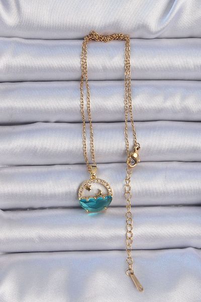 CONAHOME 316L Steel Chain Gold Color Zircon Stone Sea Look Moon Star Necklace - Tj-Bko9065