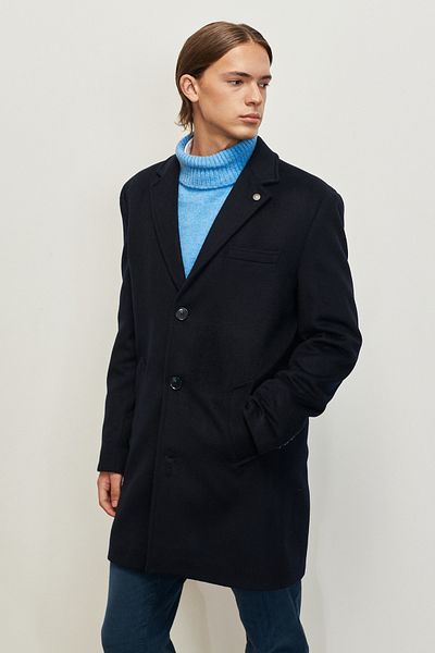AC&Co / Altınyıldız Classics Marineblauer Standard-Passform-Wollmantel mit normalem Schnitt und Monokragen für Herren