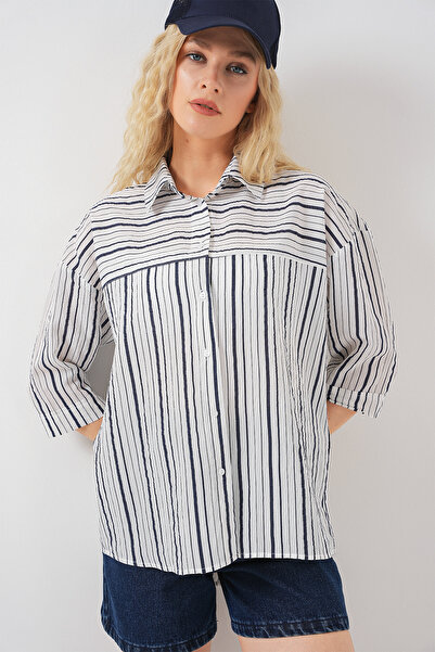 Bigdart Women's Striped Short Sleeve Shirt 20344 - A.Navy Blue
