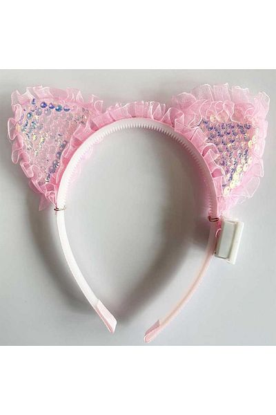 CONAHOME Ruffled Edge Pink Sequined Led Lighted Cat Ear Crown 17X19 cm