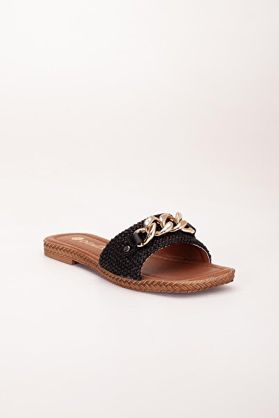 Dilimler Ayakkabı Women's Flat Heeled Slippers Black Thick Single Tape Chain Accessory Straw