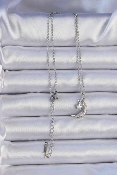 CONAHOME 316L Steel Chain Silver Color Zircon Stone Dangle Moon Star Necklace - Tj-Bko9062