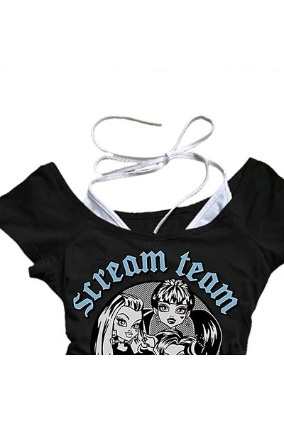 1blood Black Gothic Scream Team Collar Short Sleeve Full Body Crop with Additional Strap