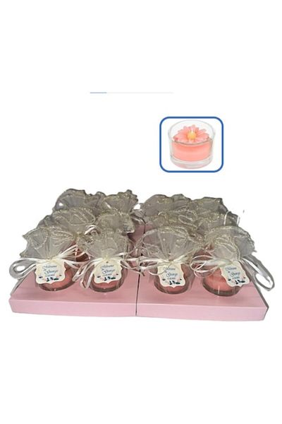 OEM Set 12 Wedding Favors - Pink Daisy Candle in Glass Holder + Ivory Tulle + Personalized Tag