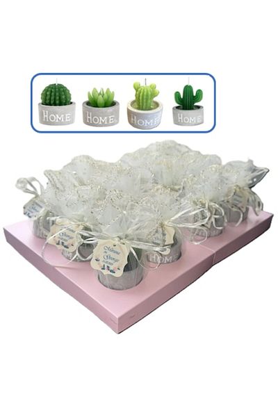 OEM Set of 12 wedding favors - Cactus candle in gray pot + ivory tulle + personalized label
